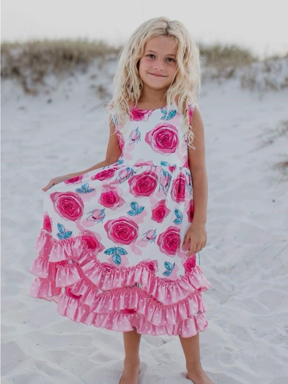Girls' Pink Rose Print Ruffle Hem Casual Dress
